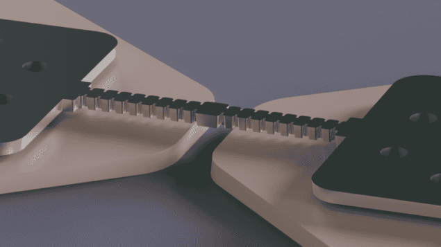 Render of the device used in the experiment. The resonator, coloured green, features a narrow, jagged-tooth bridge between two larger squares. Below the squares, and separated by a gap bridged by the narrow part of the resonator, are two beige-coloured pads. The background is dark grey.