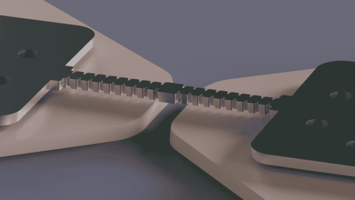 Render of the device used in the experiment. The resonator, coloured green, features a narrow, jagged-tooth bridge between two larger squares. Below the squares, and separated by a gap bridged by the narrow part of the resonator, are two beige-coloured pads. The background is dark grey.