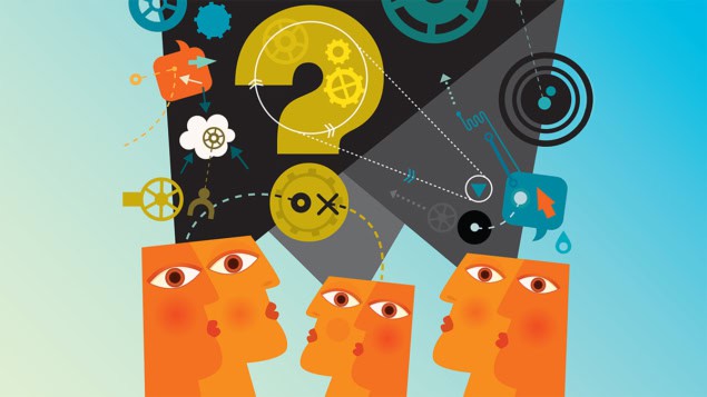 Cartoon illustration of four people thinking about a question or problem