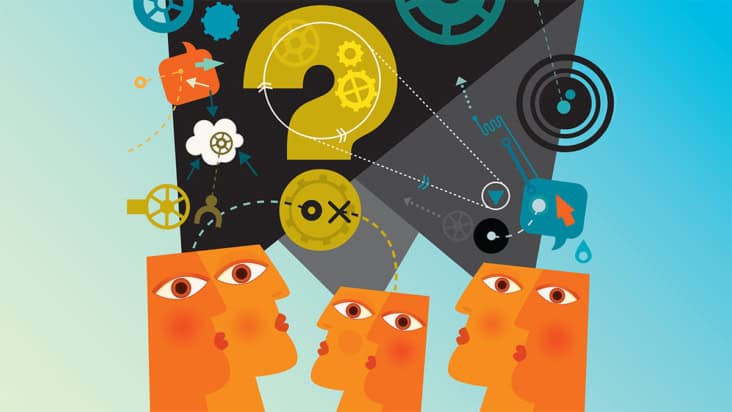 Cartoon illustration of four people thinking about a question or problem