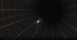 Still from a video showing coppery-coloured magnetic field lines emerging from the planet Uranus and changing as the planet rotates and moves around the Sun. Uranus is a small blue dot in the midst of the blackness of space, with grid lines for reference.