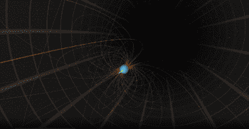 Still from a video showing coppery-coloured magnetic field lines emerging from the planet Uranus and changing as the planet rotates and moves around the Sun. Uranus is a small blue dot in the midst of the blackness of space, with grid lines for reference.