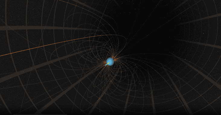Still from a video showing coppery-coloured magnetic field lines emerging from the planet Uranus and changing as the planet rotates and moves around the Sun. Uranus is a small blue dot in the midst of the blackness of space, with grid lines for reference.