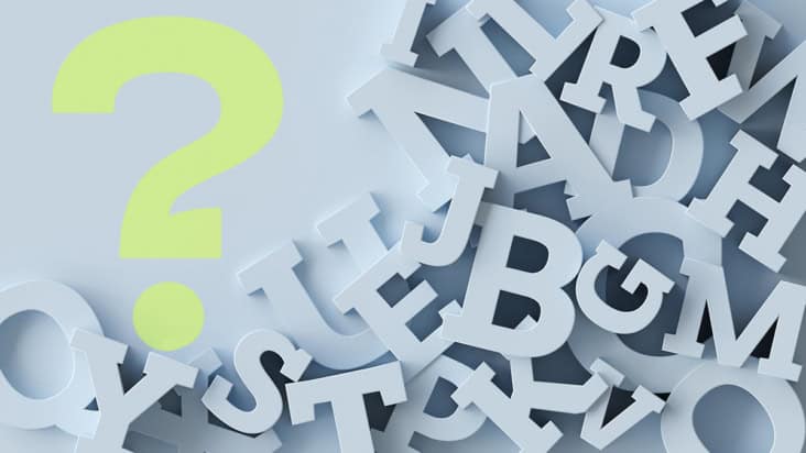 Word wave logo with fallen scattered letters plus a question mark